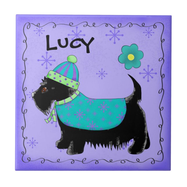 Azulejo De Cerâmica Black Scottie Terrier Dog Name Personalize Purple (Frente)