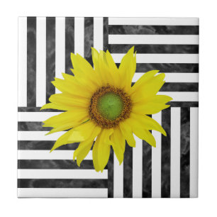 Azulejo De Cerâmica Black White Watercolor Block Strips w/ Sunflower