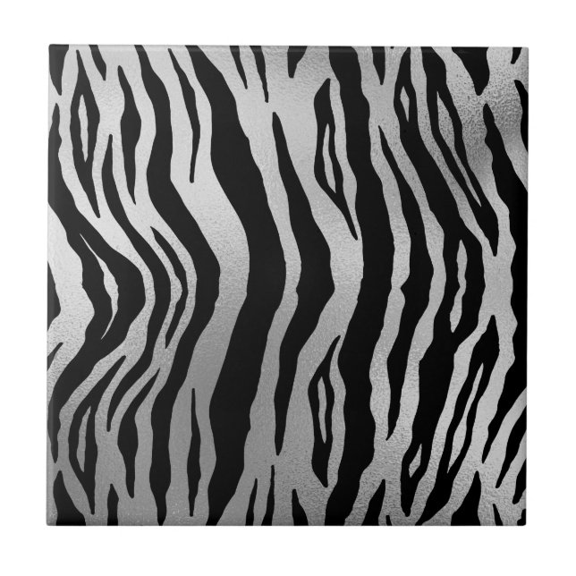Azulejo De Cerâmica Black Zebra Strips Animal Print Silver Luxury (Frente)