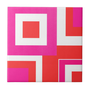 Azulejo De Cerâmica Bloco geométrico branco alaranjado do rosa quente