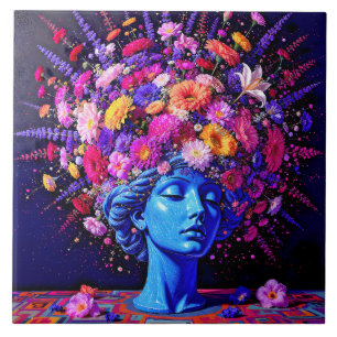 Azulejo De Cerâmica "Bloom of Eternity" - Um Retrato Surreal Colorido