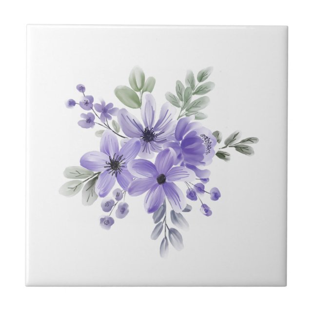 Azulejo De Cerâmica "Blooms etéreos: Buquê de Aquarela Roxo (Frente)