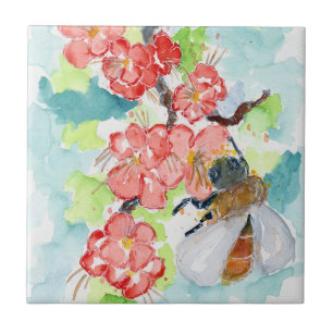 Azulejo De Cerâmica Blossomas e abelha de árvores de cereja vermelha