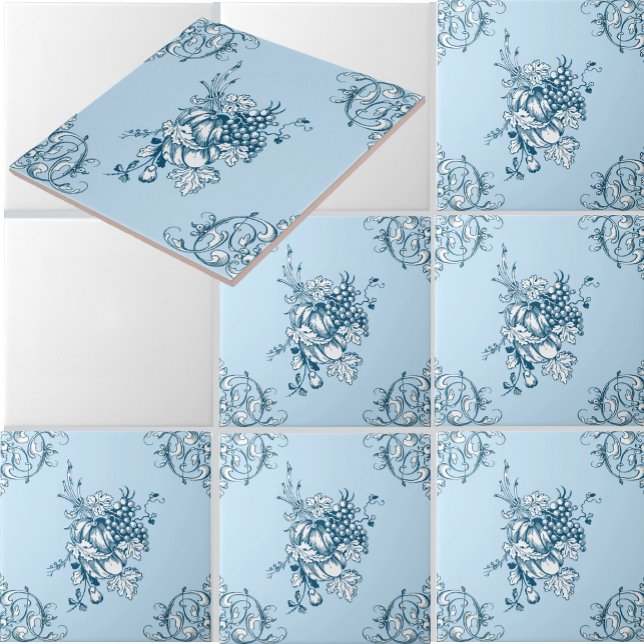 Azulejo De Cerâmica Blue and White Grapes & Fruit Pattern (Criador carregado)