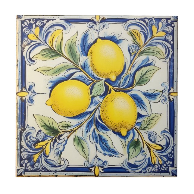 Azulejo De Cerâmica Blue and Yellow Lemon Decorative Tile (Frente)
