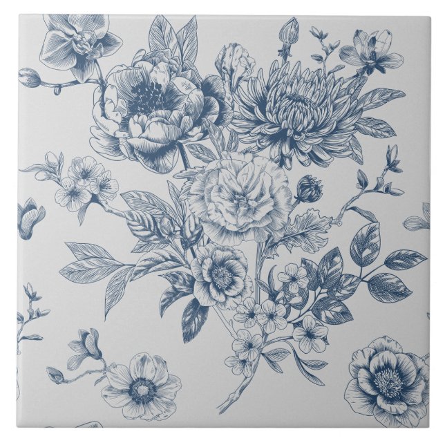 Azulejo De Cerâmica Blue Chinoiserie Floral Vintage (Frente)