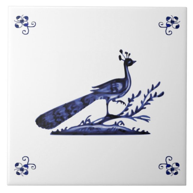 Azulejo De Cerâmica Blue Delft Peacock (Frente)