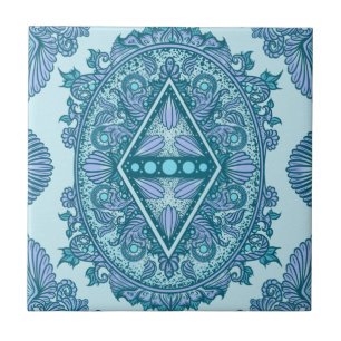 Azulejo De Cerâmica Blue Diamond Mandala   Turquesa e Lavanda do ornam
