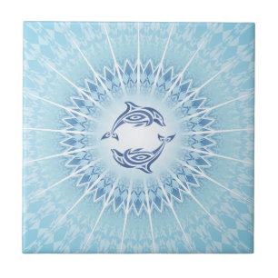 Azulejo De Cerâmica Blue Dolphins Mandala Coastal