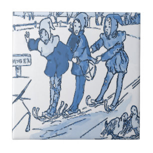 Azulejo De Cerâmica Blue Dutch Kids Skiing