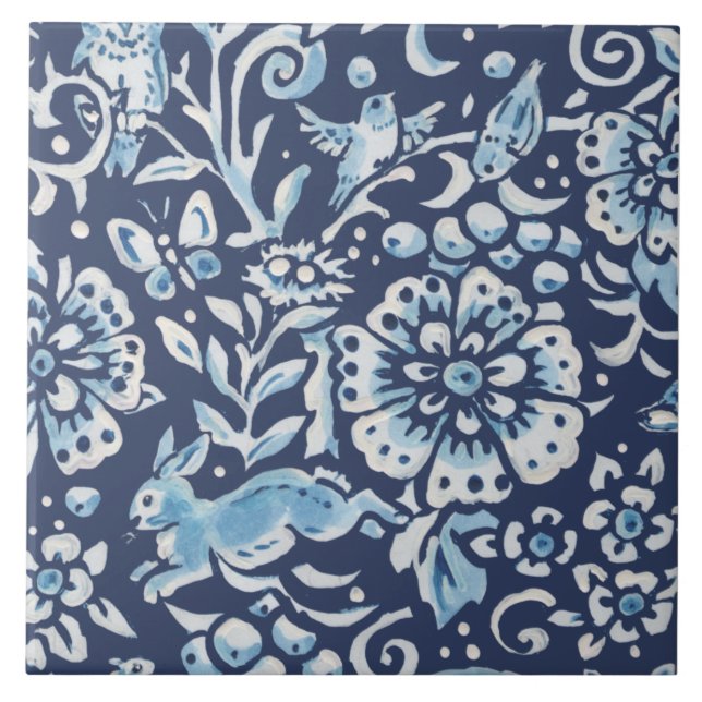 Azulejo De Cerâmica Blue Fantasy Forest Mural Rabbit inferior esquerdo (Frente)