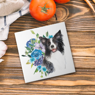 Azulejo De Cerâmica Blue Floral Buquê Border Collie