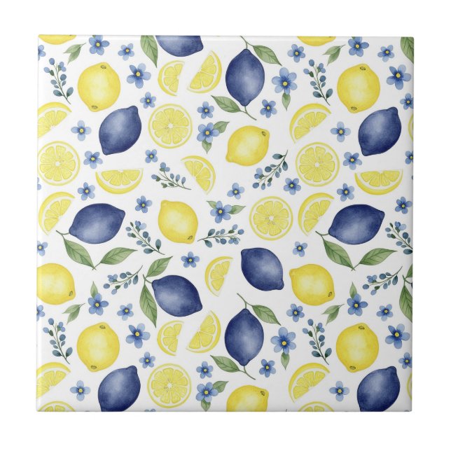Azulejo De Cerâmica Blue French Country Lemon Pattern (Frente)