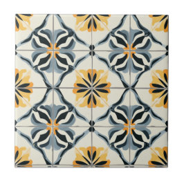 Azulejo De Cerâmica Blue Gold and Off White Pattern Ceramic Tile