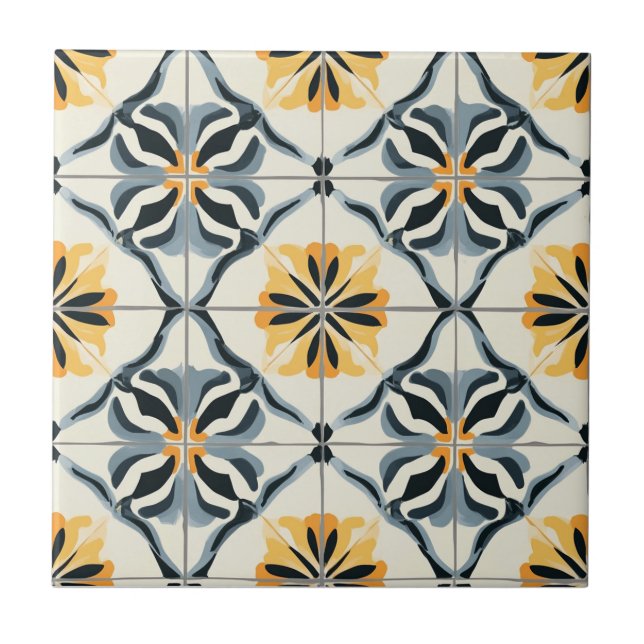 Azulejo De Cerâmica Blue Gold and Off White Pattern Ceramic Tile (Frente)