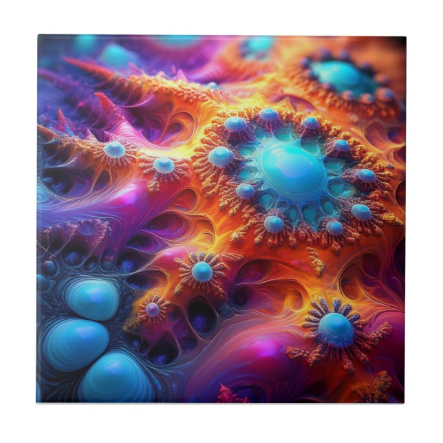 Azulejo De Cerâmica Blue Gold & Purple Psychedelic Fractal (Frente)