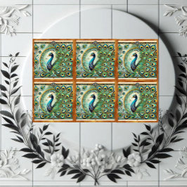 Azulejo De Cerâmica Blue Green Majestic Peacock Golden Feathers Motif