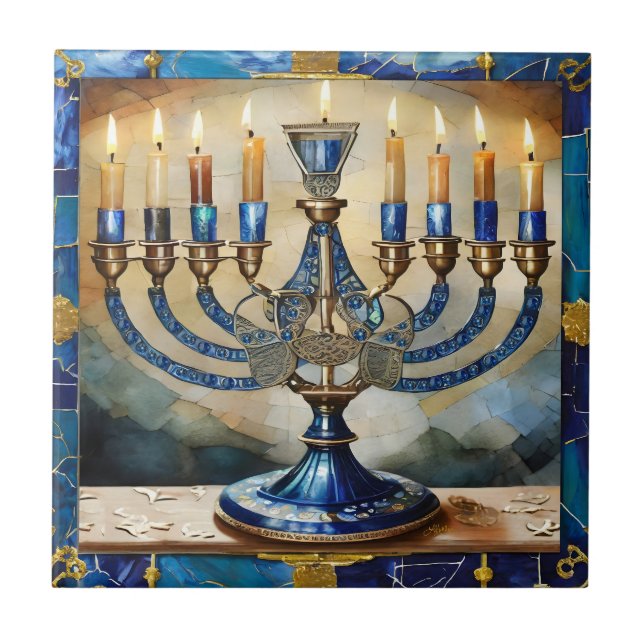 Azulejo De Cerâmica Blue Hanukkah Menorah (Frente)
