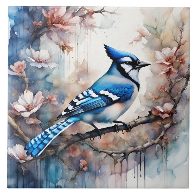 Azulejo De Cerâmica Blue Jay Cherry Blossoms aquarela (Frente)
