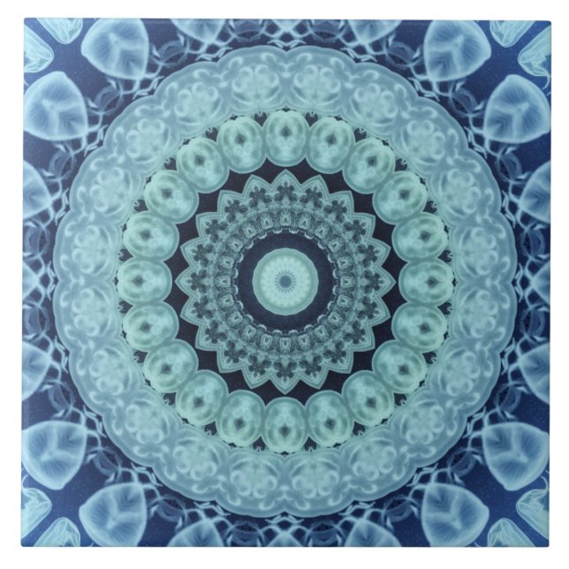 Azulejo De Cerâmica Blue Jellyfish Mandala Simetria Inspirada no Ocean (Frente)