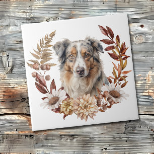 Azulejo De Cerâmica Blue Merle australiano Shepherd Dog Autumn Wreath