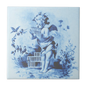 Azulejo De Cerâmica Blue Minton Cherub com Pan Pipes e Aves Repro