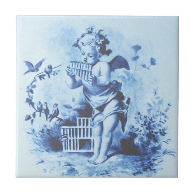 Azulejo De Cerâmica Blue Minton Cherub com Pan Pipes e Aves Repro (Frente)