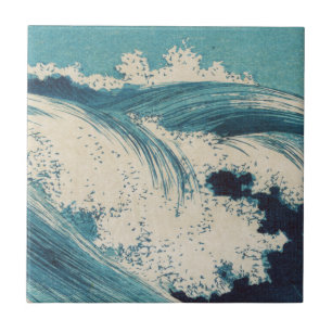 Azulejo De Cerâmica Blue Ocean Waves Woodcut