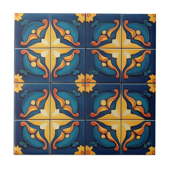 Azulejo De Cerâmica Blue Orange and Yellow Pattern Ceramic Tile (Frente)