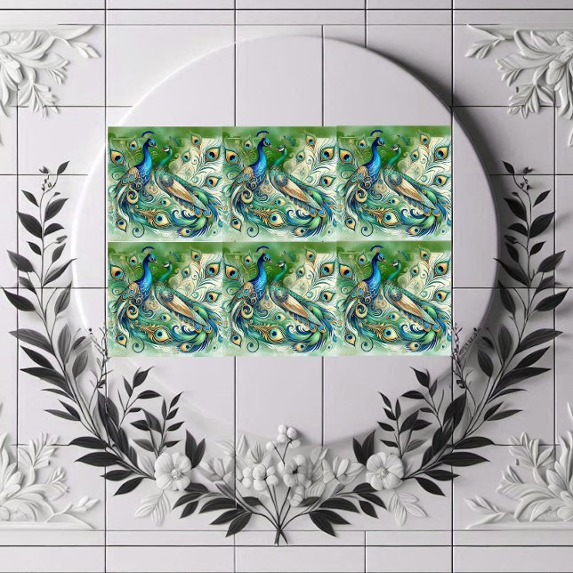Azulejo De Cerâmica Blue Peacock Couple Green Golden Feathers Motif  (Blue Peacock Couple Green Golden Feathers Motif Ceramic Tile)