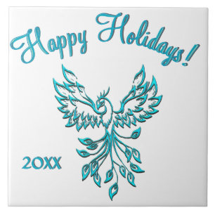 Azulejo De Cerâmica Blue Phoenix surge no texto personalizado branco