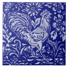 Azulejo De Cerâmica Blue Rooster Chicken Floral Farmhouse Art
