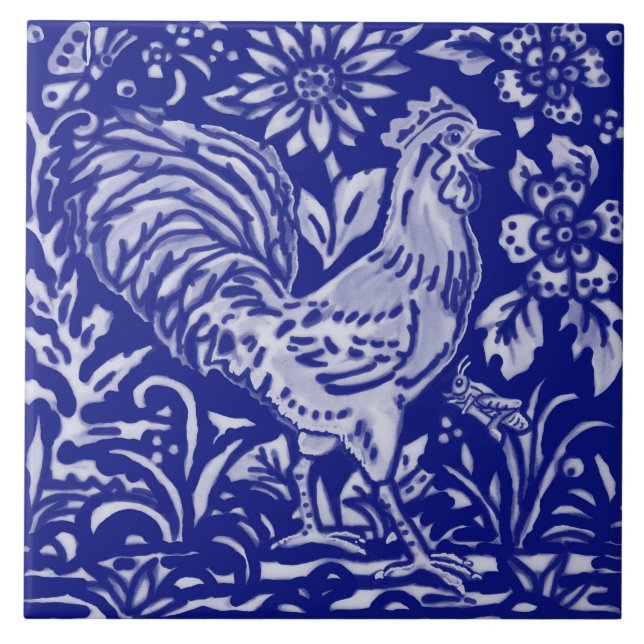 Azulejo De Cerâmica Blue Rooster Chicken Floral Farmhouse Art (Frente)