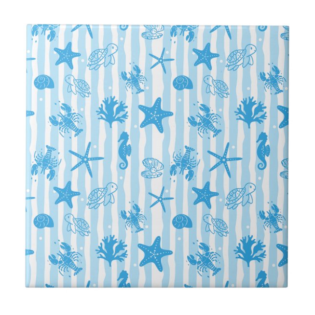 Azulejo De Cerâmica Blue Sea Creatures Nautical Doodle Pattern (Frente)