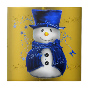 Azulejo De Cerâmica Blue Snowman no Dourado Natal