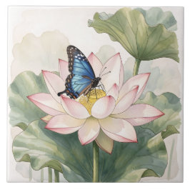 Azulejo De Cerâmica  Blue Swallowtail Butterfly With Lotus Flower Art