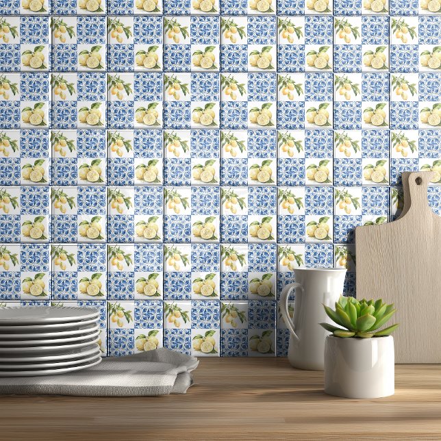 Azulejo De Cerâmica Blue Tile French Country Lemon Pattern Tile (Criador carregado)