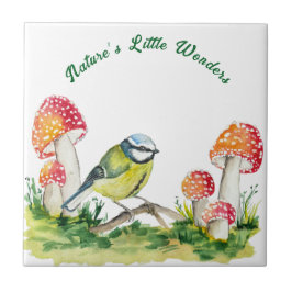 Azulejo De Cerâmica Blue Tit and Fly Agaric in a Forest Clearing