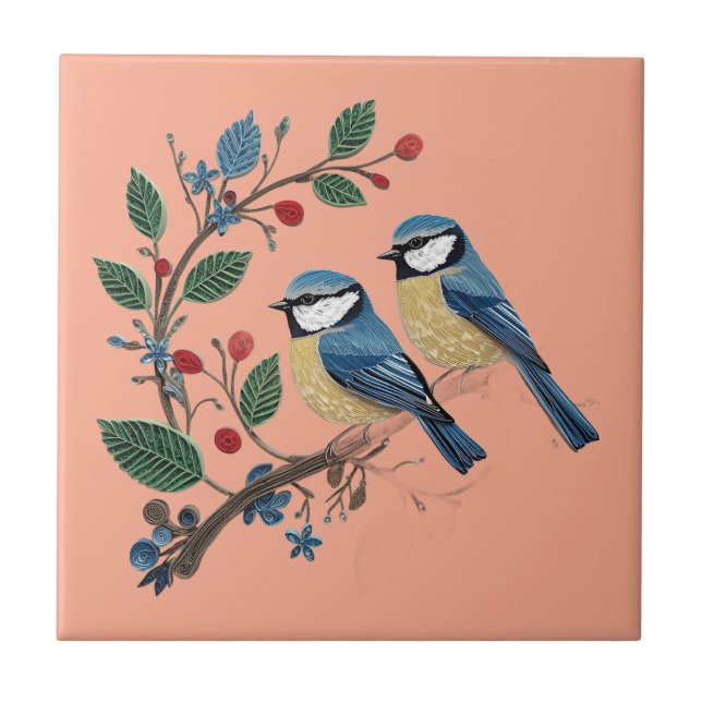 Azulejo De Cerâmica Blue tit birds on a vine Quilling design  (Frente)