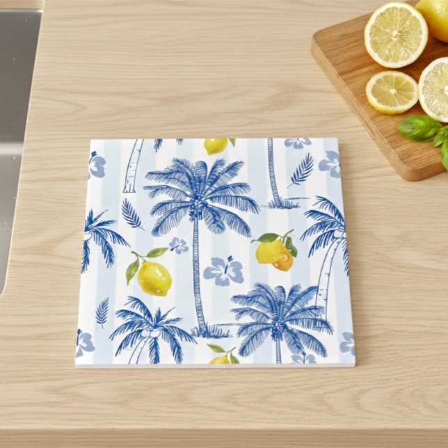 Azulejo De Cerâmica Blue Toile Palm Trees Lemons Pattern (Criador carregado)