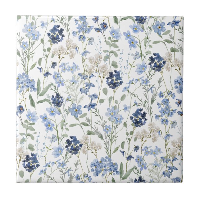 Azulejo De Cerâmica Blue Watercolor Wildflower (Frente)
