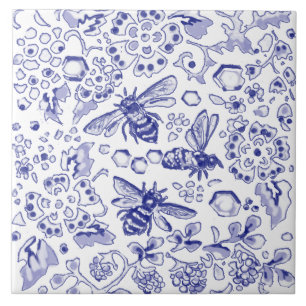 Azulejo De Cerâmica Blue White Bee Honey Floral Farmhouse Arte Russa