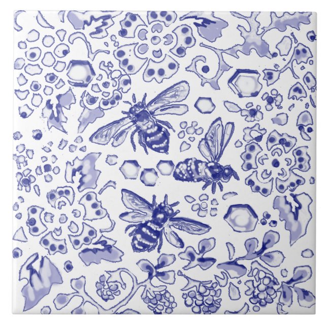 Azulejo De Cerâmica Blue White Bee Honey Floral Farmhouse Arte Russa (Frente)