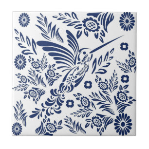 Azulejo De Cerâmica Blue & White Beija-flor Floral Talavera Mexicana