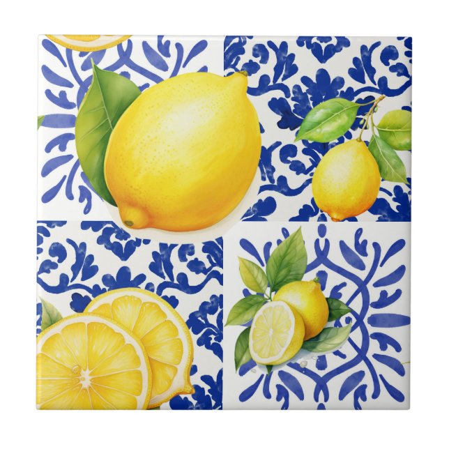 Azulejo De Cerâmica Blue White Lemon Pattern Mediterranean Citrus (Frente)