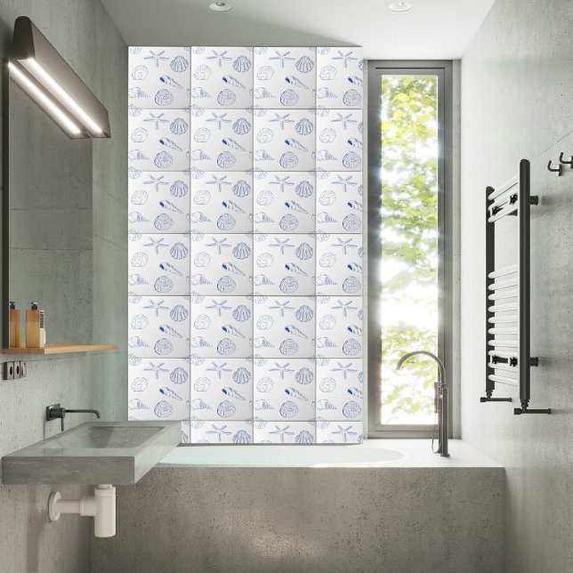 Azulejo De Cerâmica Blue White Mand Drawn Sea Shels Beach Summer (Blue White Hand Drawn Sea Shells Beach Summer Ceramic Tile)