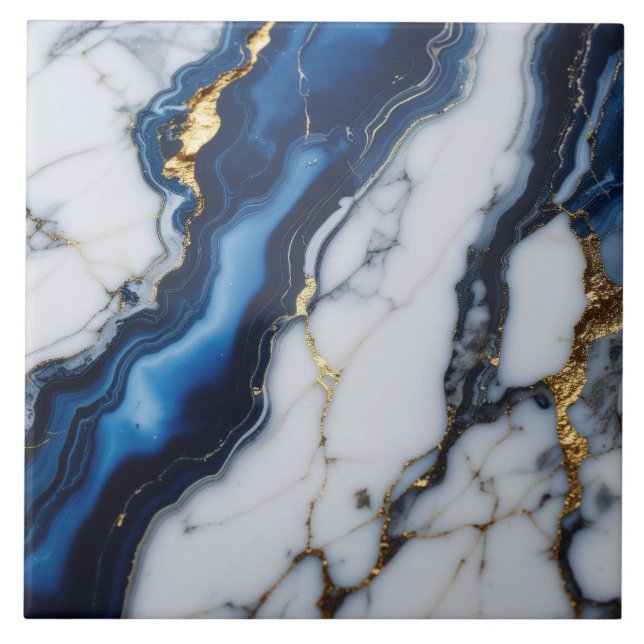 Azulejo De Cerâmica blue white marble texture gold texture pattern lux (Frente)