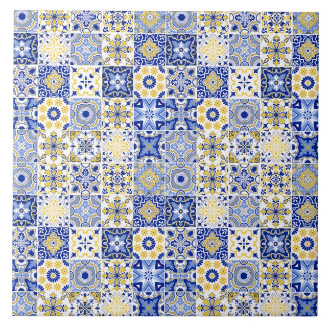 Azulejo De Cerâmica blue& white yellow Portuguese Azulejo pattern  (Frente)
