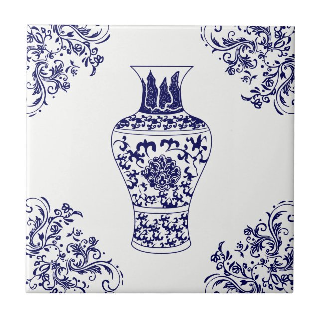 Azulejo De Cerâmica Blue Willow Chinoiserie White e Blue Ginger Jar (Frente)