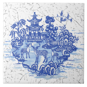 Azulejo De Cerâmica Blue Willow Deer Herd Antique Pagoda Phoenix